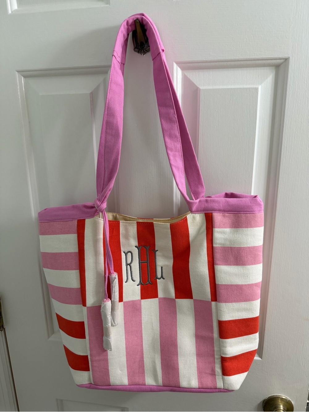 Pink & Red Striped Canvas Shoulder Tote with Monogram Accent